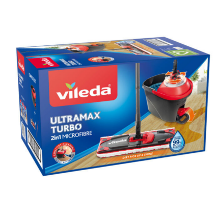 Box packaging of the Vileda Ultramax TURBO Microfibre 2-in-1 flat mop and bucket set.
